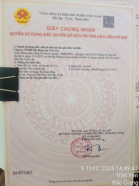 Sổ đỏ dự á Việt Yên Riverside