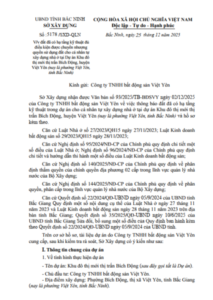 Văn bản xác nhận đủ điều kiện chuyển nhượng dự án Việt Yên Riverside - Khu Đô Thị Mới Bích Động