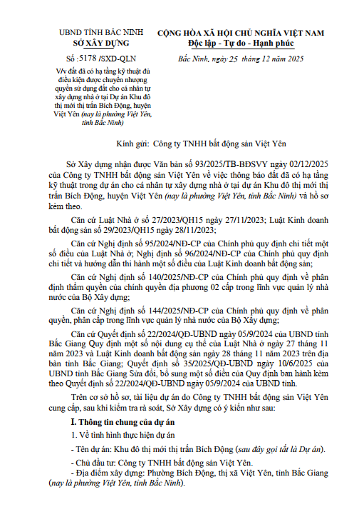 Văn bản xác nhận đủ điều kiện chuyển nhượng dự án Việt Yên Riverside - Khu Đô Thị Mới Bích Động